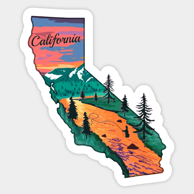 California Fly Fishing State River Sunset by TeeCreations Sticker by TeeCreations